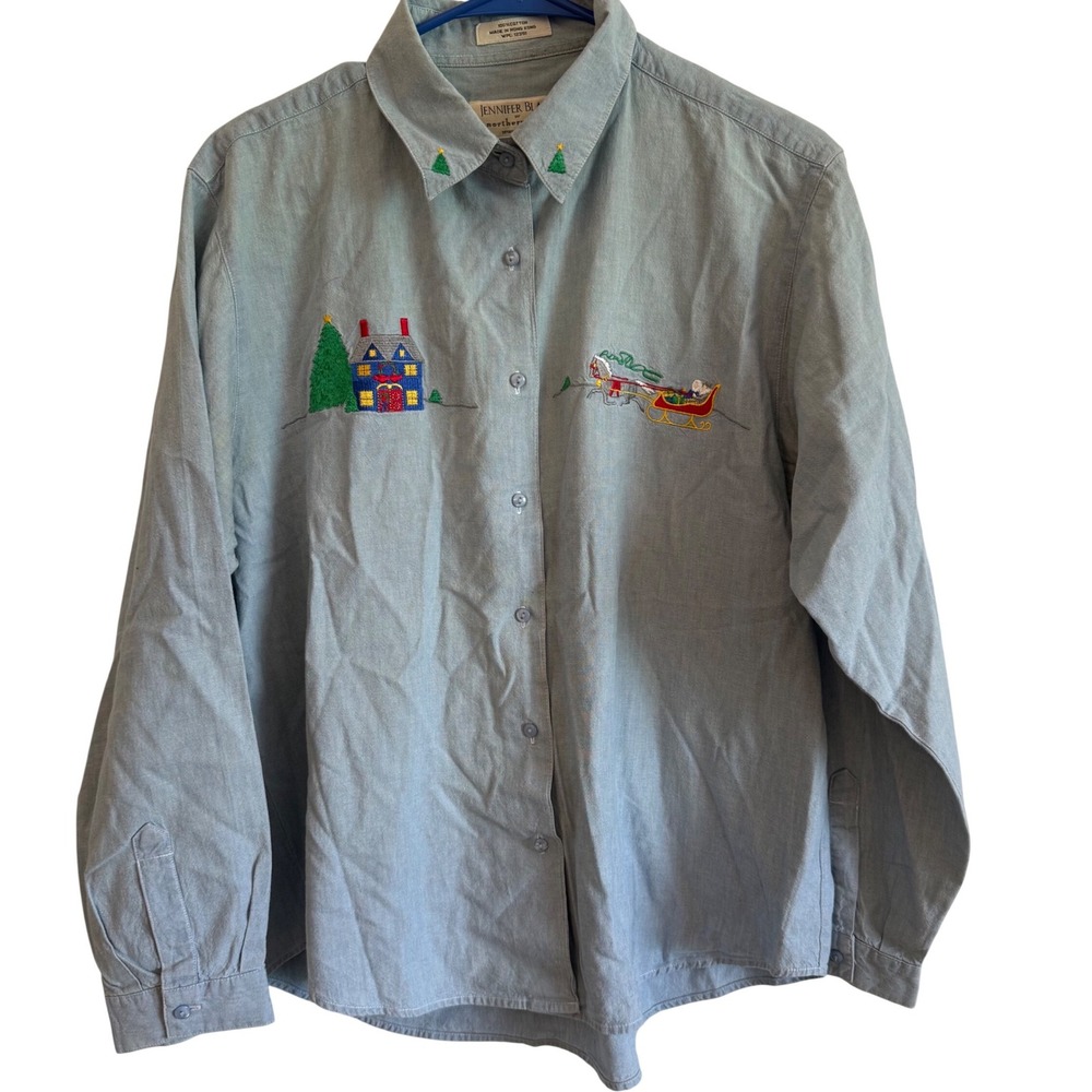 Vintage 90s Jennifer Blair women's button down denim Christmas Santa shirt XL 14